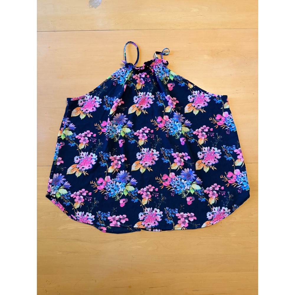 Haute Monde Womens Floral Halter Top Navy Blue Pink Purple Flower Blouse Large